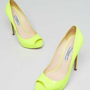 Prada Neon Yellow Patent Leather Peep Toe Pumps Size 8/38.5